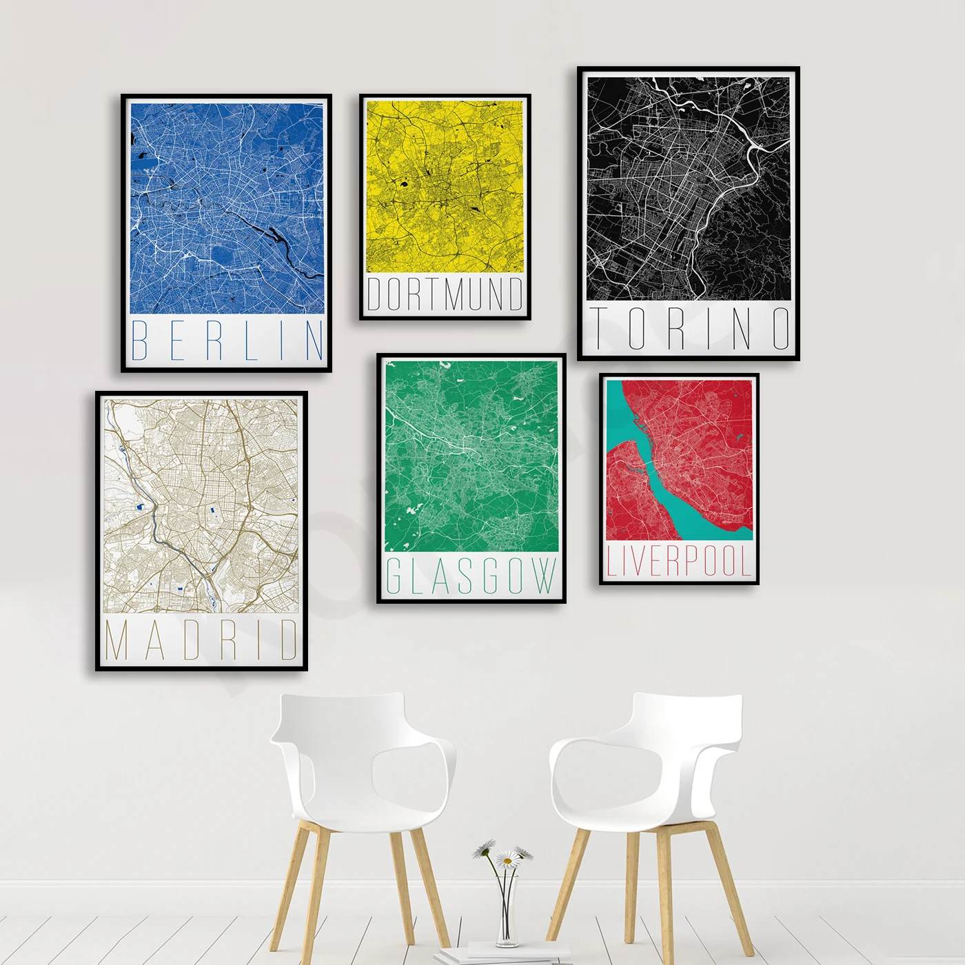 Amsterdam Glasgow Madrid Barcelona Dortmund Munich Turin Berlin. Cities Travel Map Poster