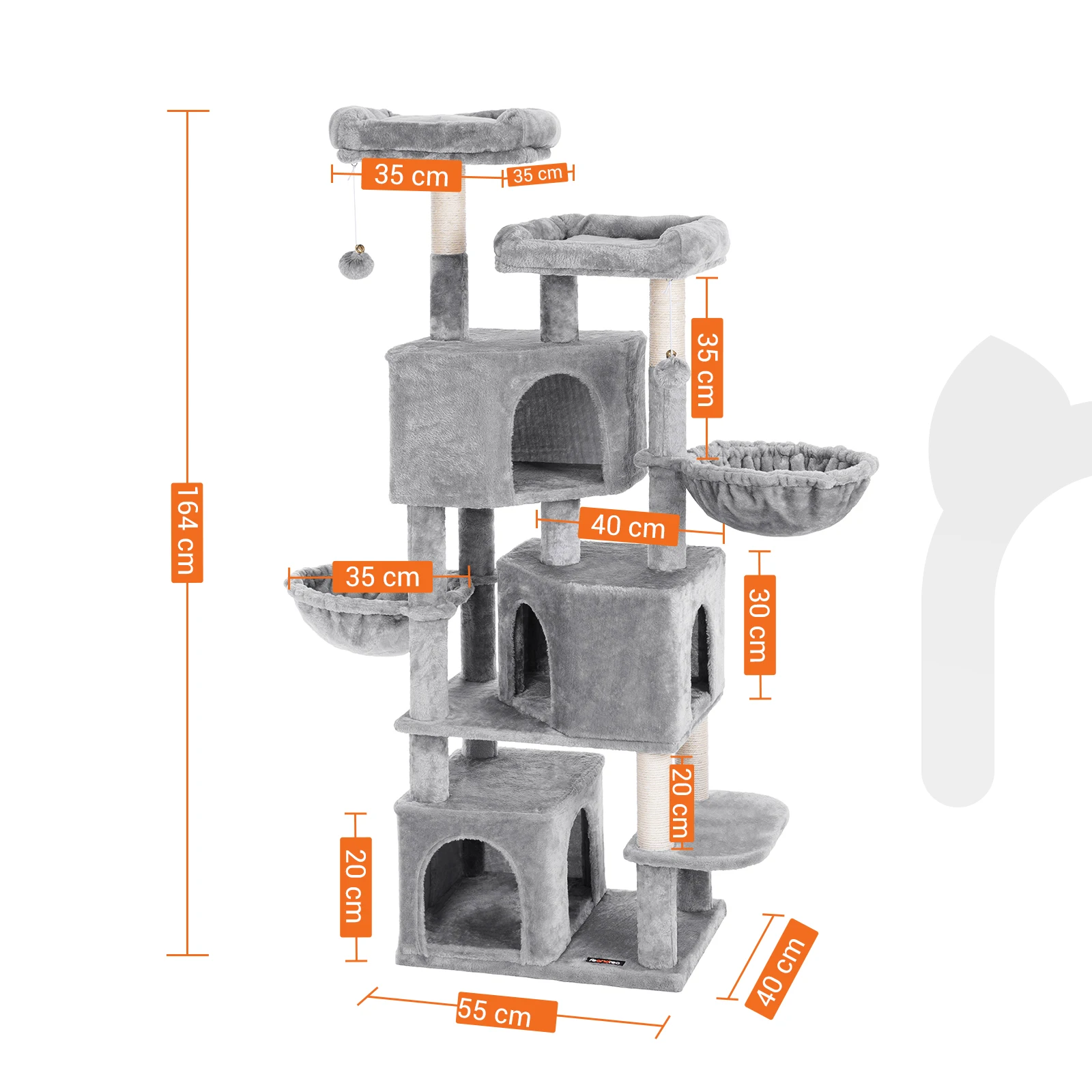 Grand Arbre à Chat, avec 3 Niches, 164 cm de Hauteur, Gris Clair