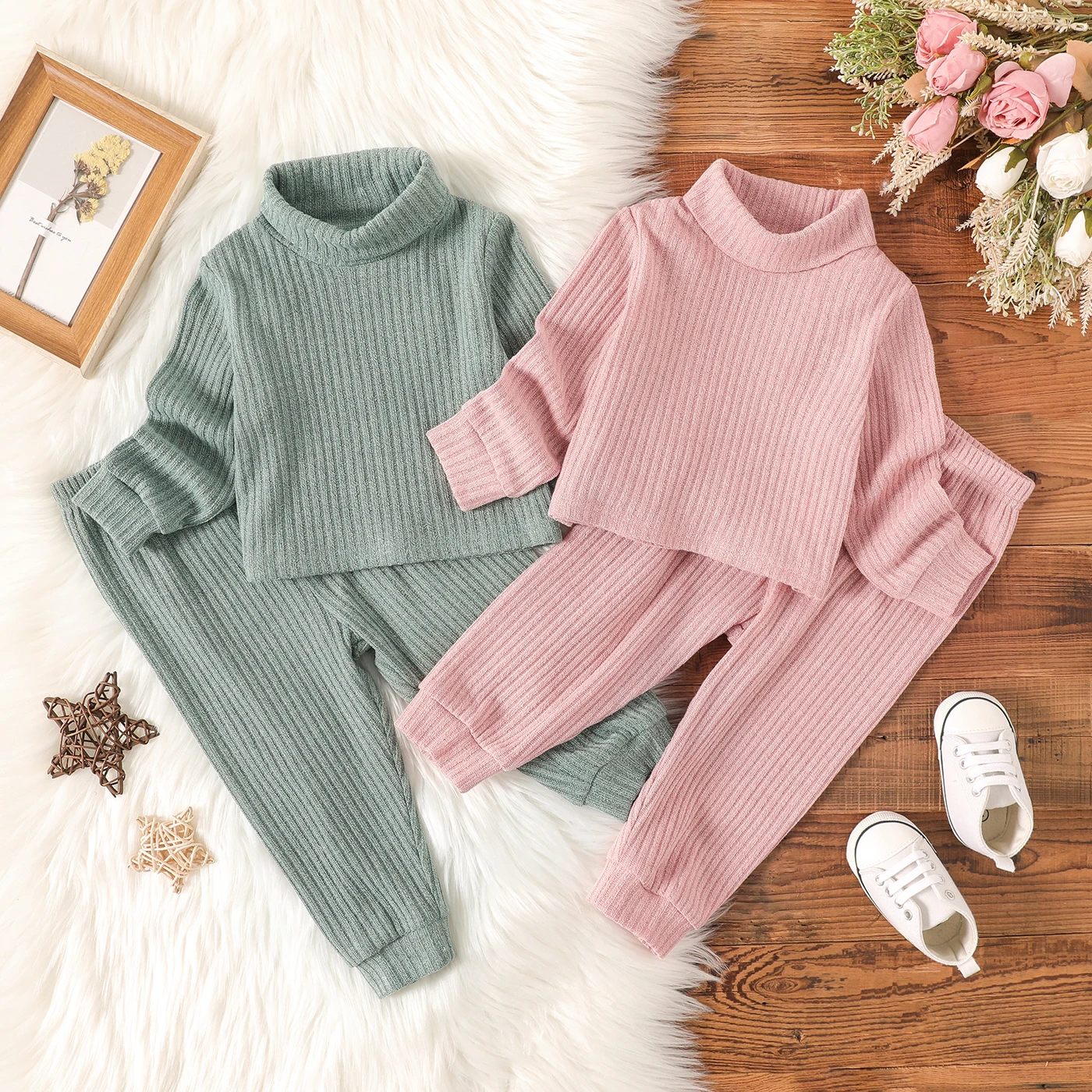 PatPat 2pcs Baby Girl Solid Rib Knit Turtleneck Long-sleeve Set