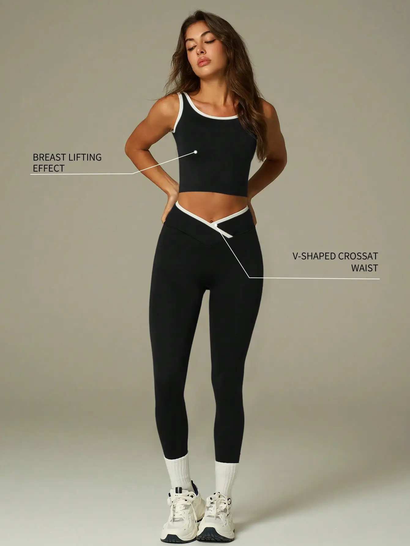 

Женский комплект спортивной одежды из 2 предметов с эффектом подтяжки груди и V-образным перекрестным поясом, мягкая эластичная ткань для йоги, тренажерного зала, бега