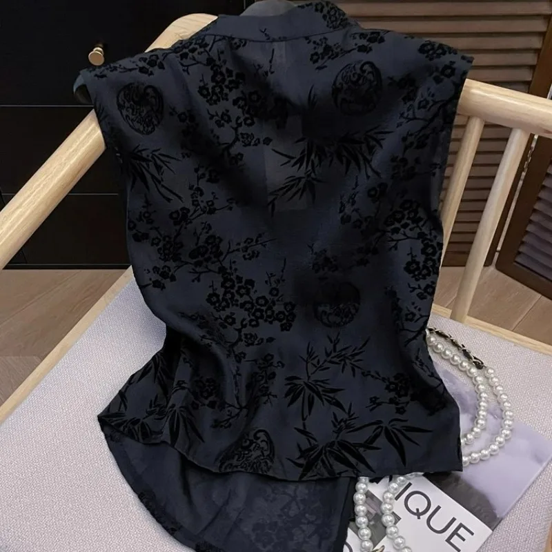 ผู้หญิง Jacquard เสื้อชีฟองสีดําแขนสั้นหลวม TOP Office สวมใส่สบายๆ LACE-Up เสื้อ Lady PLUS ขนาด