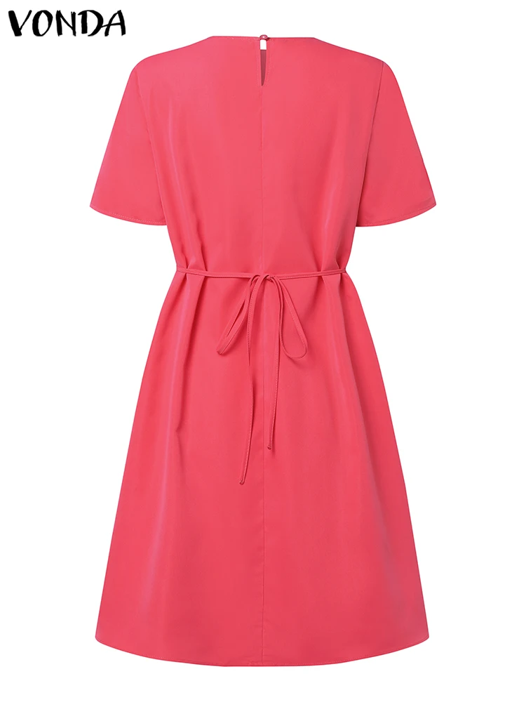 VONDA Fashion Elegant Women A-Line Dress Summer Mini Sundress 2024 Short Sleeve Casual Solid Color Robe Ruffled Beach Vestidos