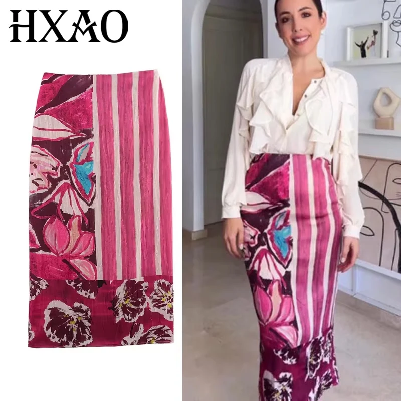 

HXAO Print Skirts Woman 2025 Boho Summer Floral Long Skirts For Women High Waist Pencil Satin Skirt Slit Elegant Women's Skirts