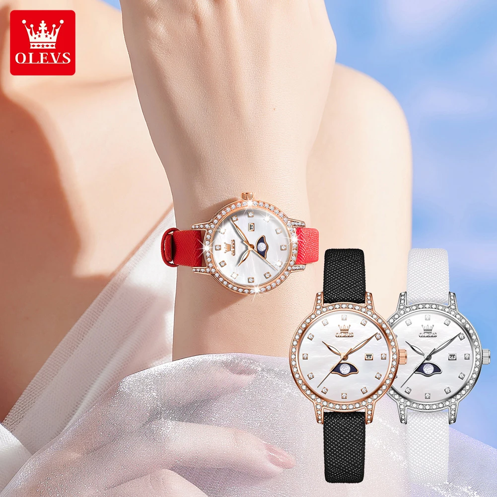 OLEVS Original Diamond Womens Watches Fashion Lady Quartz Watch Red Leather Watch Band Gifts for women 5597 Waterproof Moon