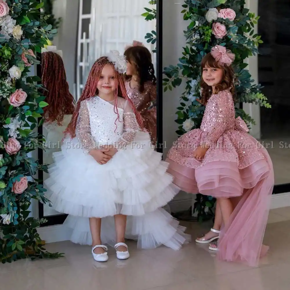 

Puffy Girl Dress Toddler Pageant Outfit with Train Flower Girl Dress Bow Cute Kid's Child Birthday Dresses First Communion Gowns