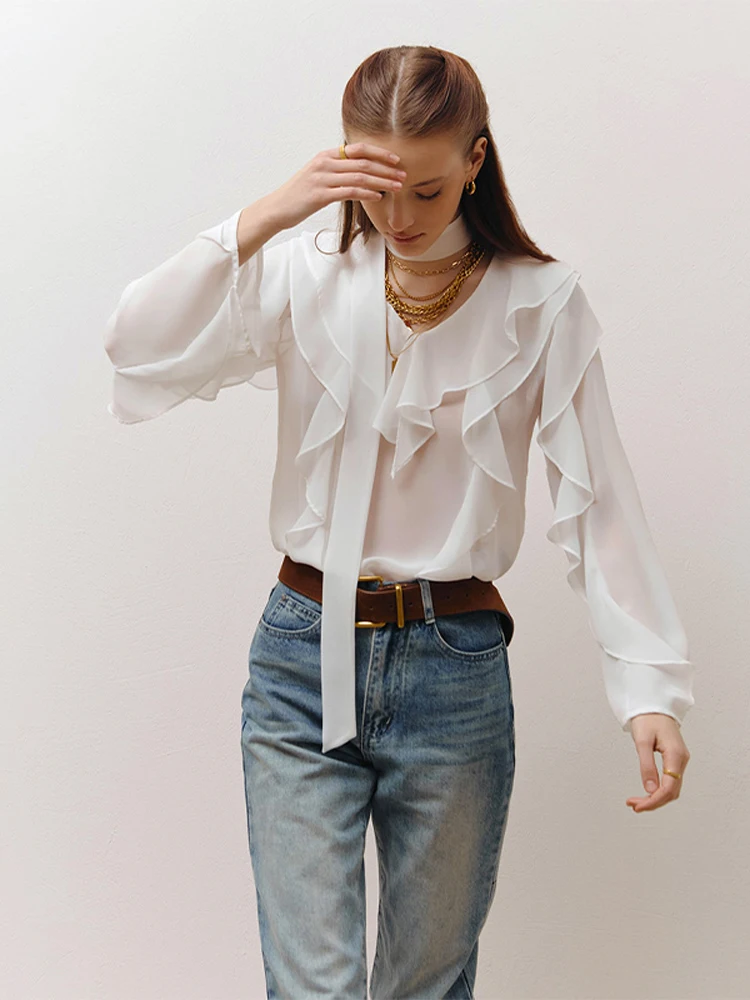 

Elegant See Through Chiffon Blouses Women Office Wear Long Sleeve V-neck Ruffled Loose Tops Scarf Collar Chic Lady Fashion 2025