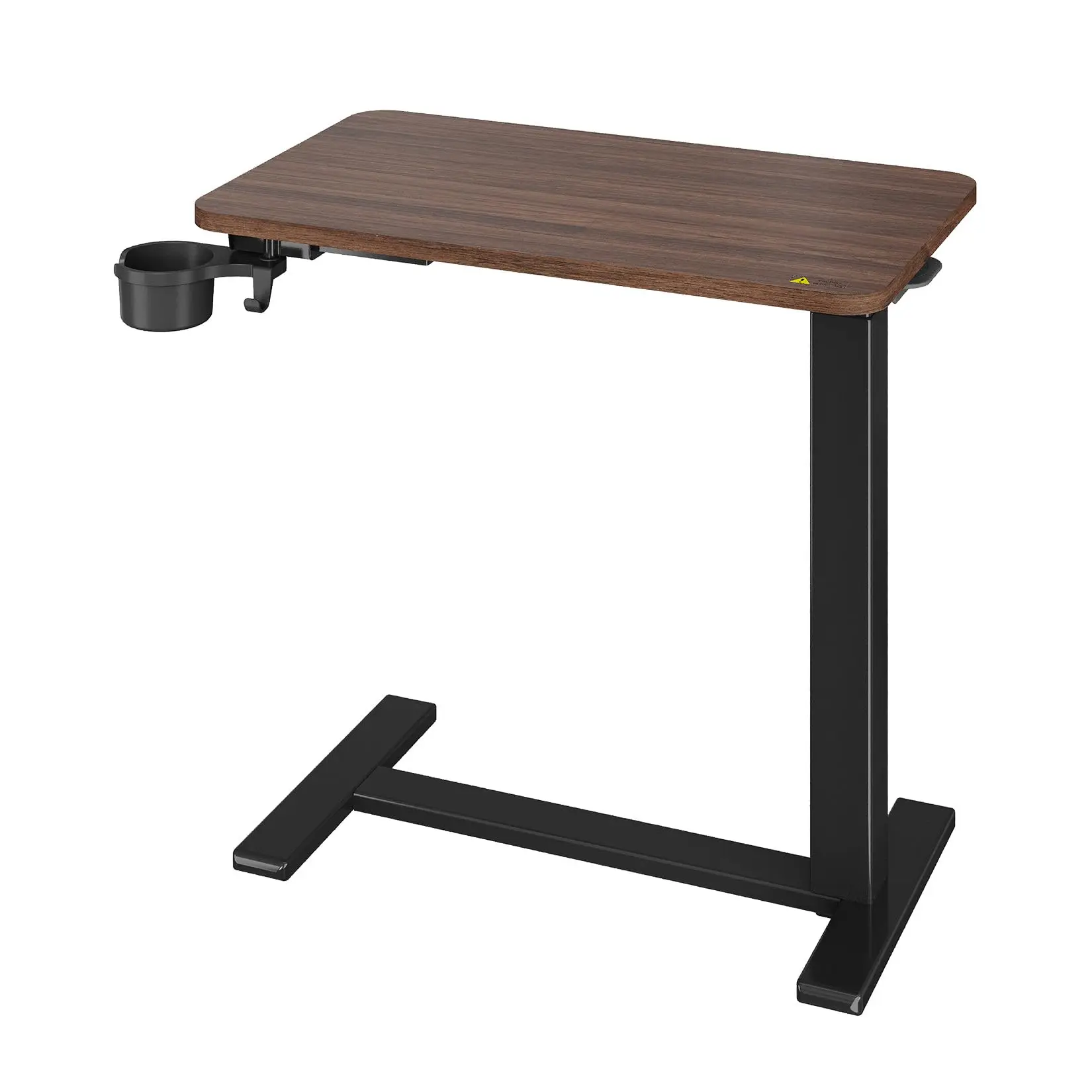 1 Stück Höhenverstellbarer Bett-Beistelltisch mit Getränkehalter, pneumatischer Sitz-Steh-Rolltisch, Walnussholzplatte, Stahlrahmen, mobiler Beistelltisch für Bett, Sofa, Zuhause, Büro