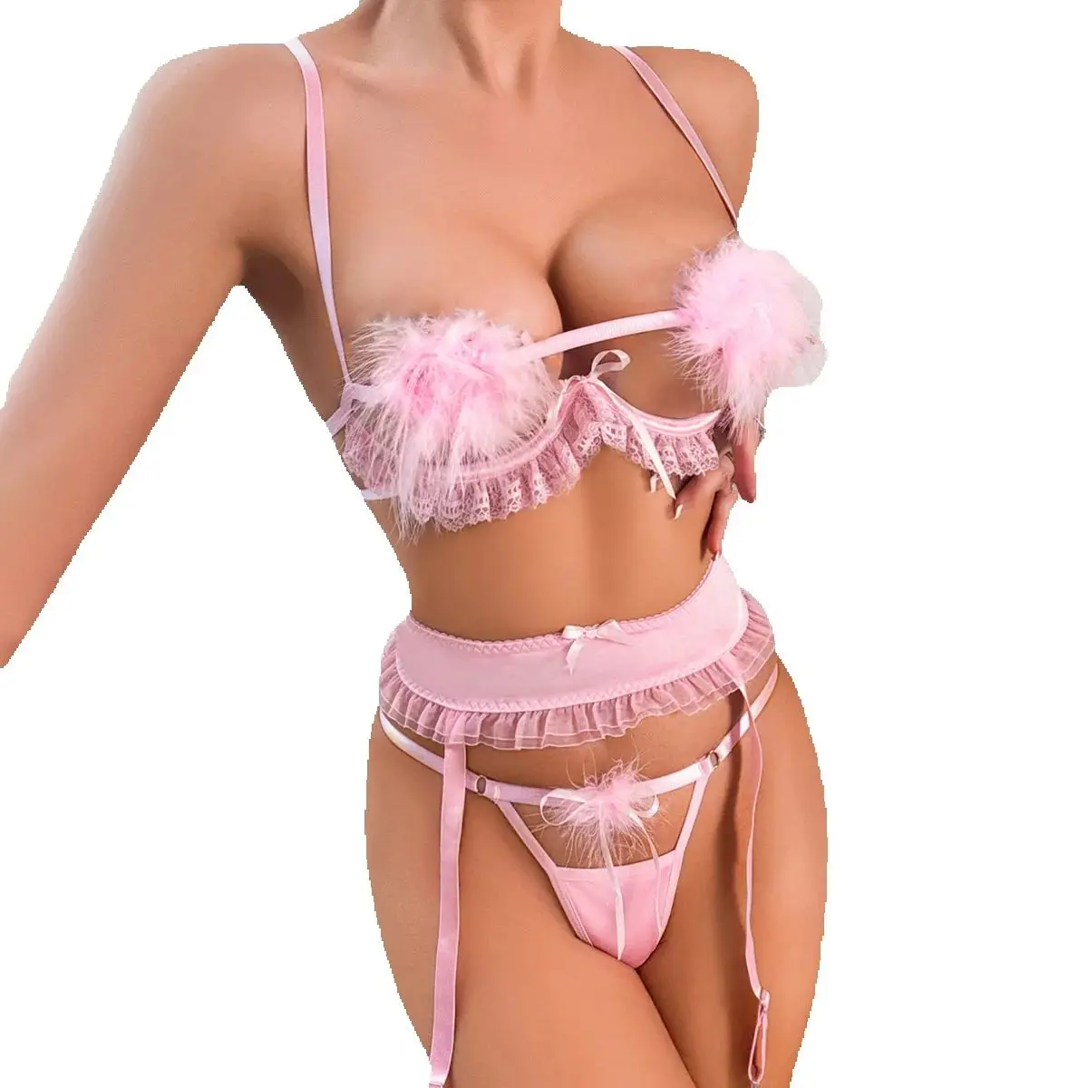 

Sexy Girl Bra Set with Mesh Lace and See-Through Patchwork Feathers, Three-Piece Erotic Underwear Set