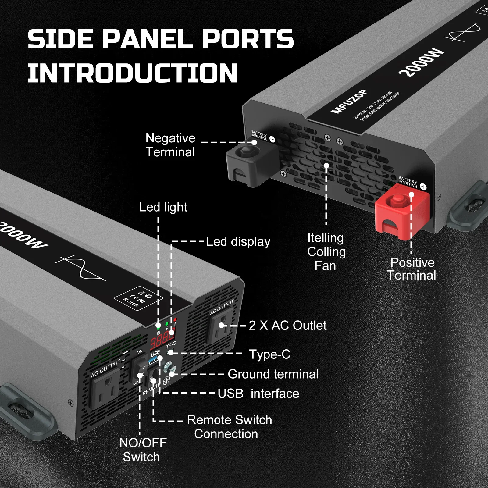 DATOUBOSS Pure Sine Wave Inverter SAK-12V2000W Power Transformer USB Interface LCD Display 2000W DC to AC Voltage Converter