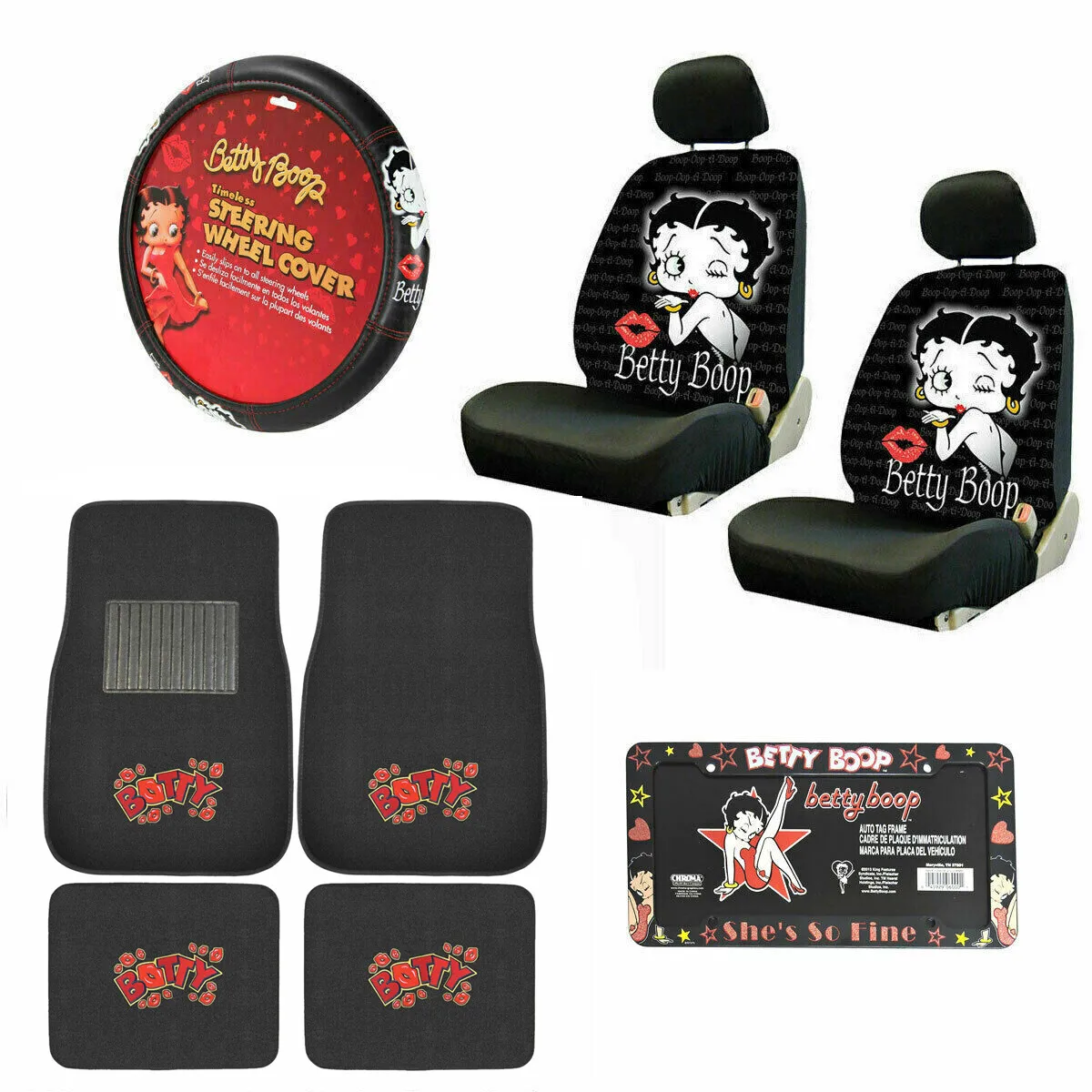 

10pc Betty Boop Kiss Car Front Back Floor Mats Seat Covers Steering Wheel Cover