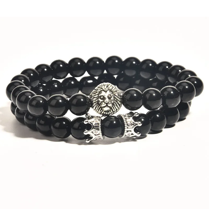 Crown Lion Bead Bracelet Sets For Men And Women Light Black Agate Strand Bracelet Handmade Jewelry Gift