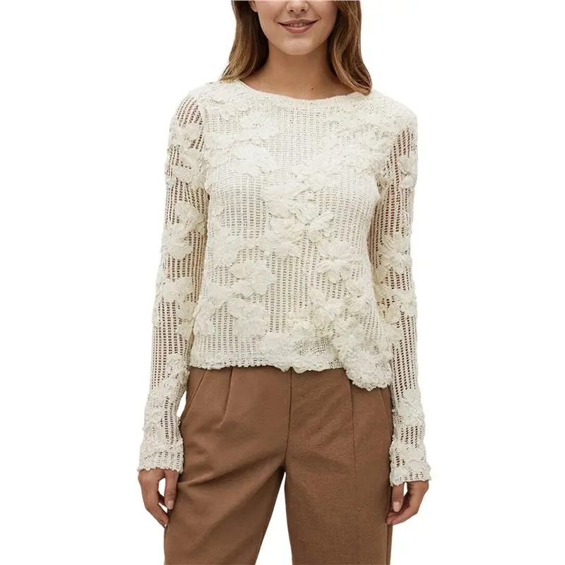 

CYL-Women Vintage Crew Neck 3D Floral Hollow Out Crochet Knit Long Sleeve Top Boho Open Back Tie Embroidered Blouse