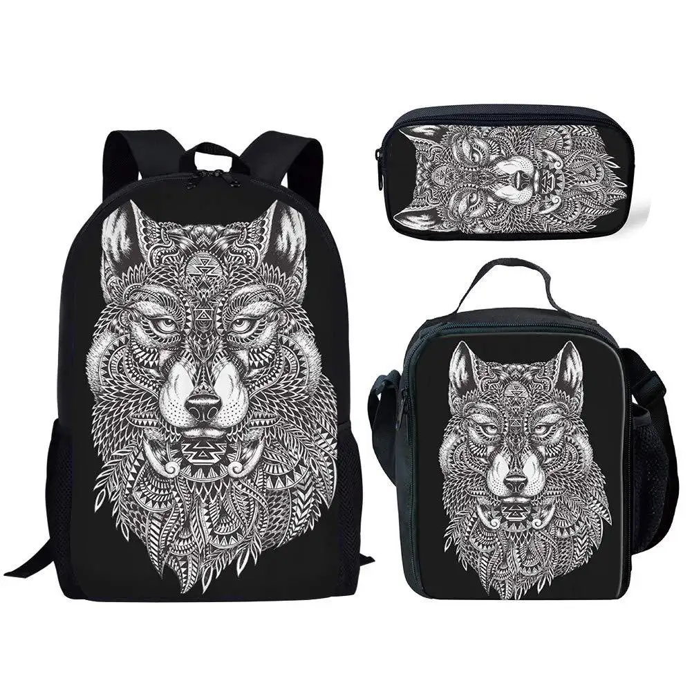 Creative Wolf Totem 3D Print 3Pcs/Set School Bag Student Teenager Boys Girls Campus Daily Storage Backpack Lunch Bag Pencil Bag