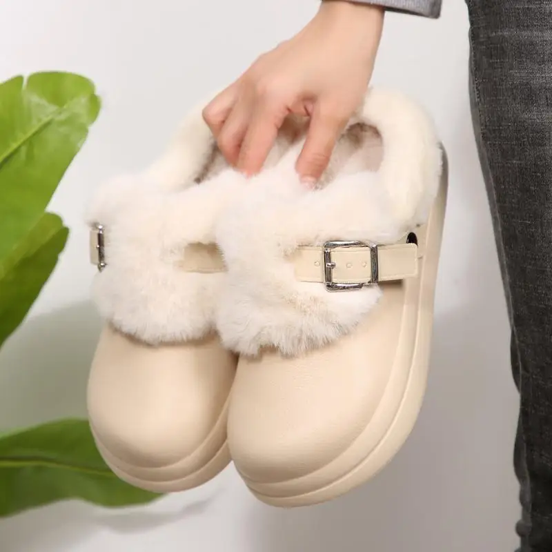 Wasserdichte EVA-Hausschuhe mit dicker Sohle und Fellbesatz für Damen, Winter 2026, mit Metallschnalle, flauschige Fell-Clogs, warme Plüsch-Hausschuhe für Frauen – Detail 11