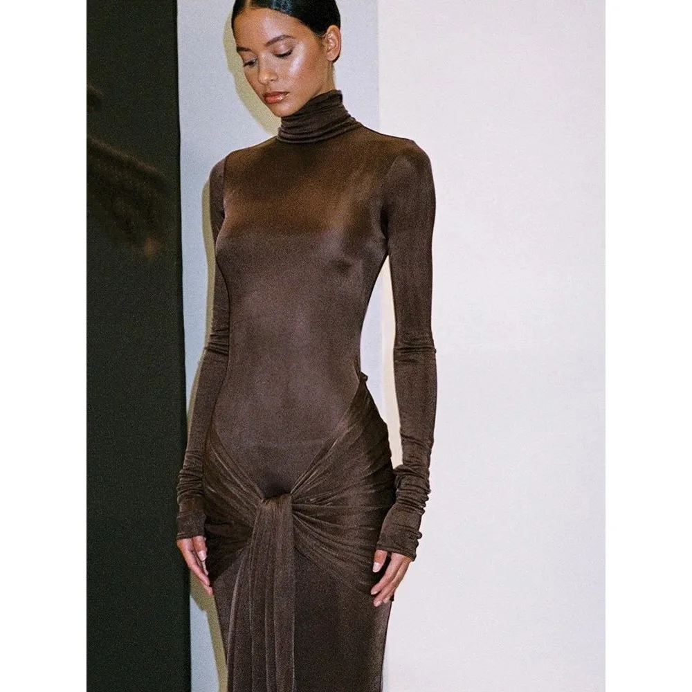 

Элегантное облегающее платье-боди Arti с высоким воротом и длинными рукавами для женщин, универсальное для особых случаев