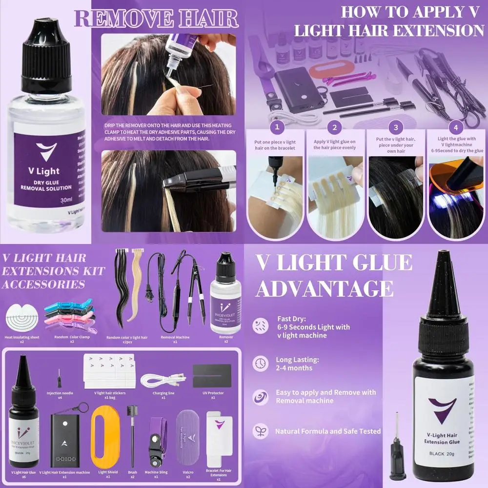 

Набор для наращивания волос с УФ-лампой, клеем и инструментом для снятия для домашнего использования своими руками