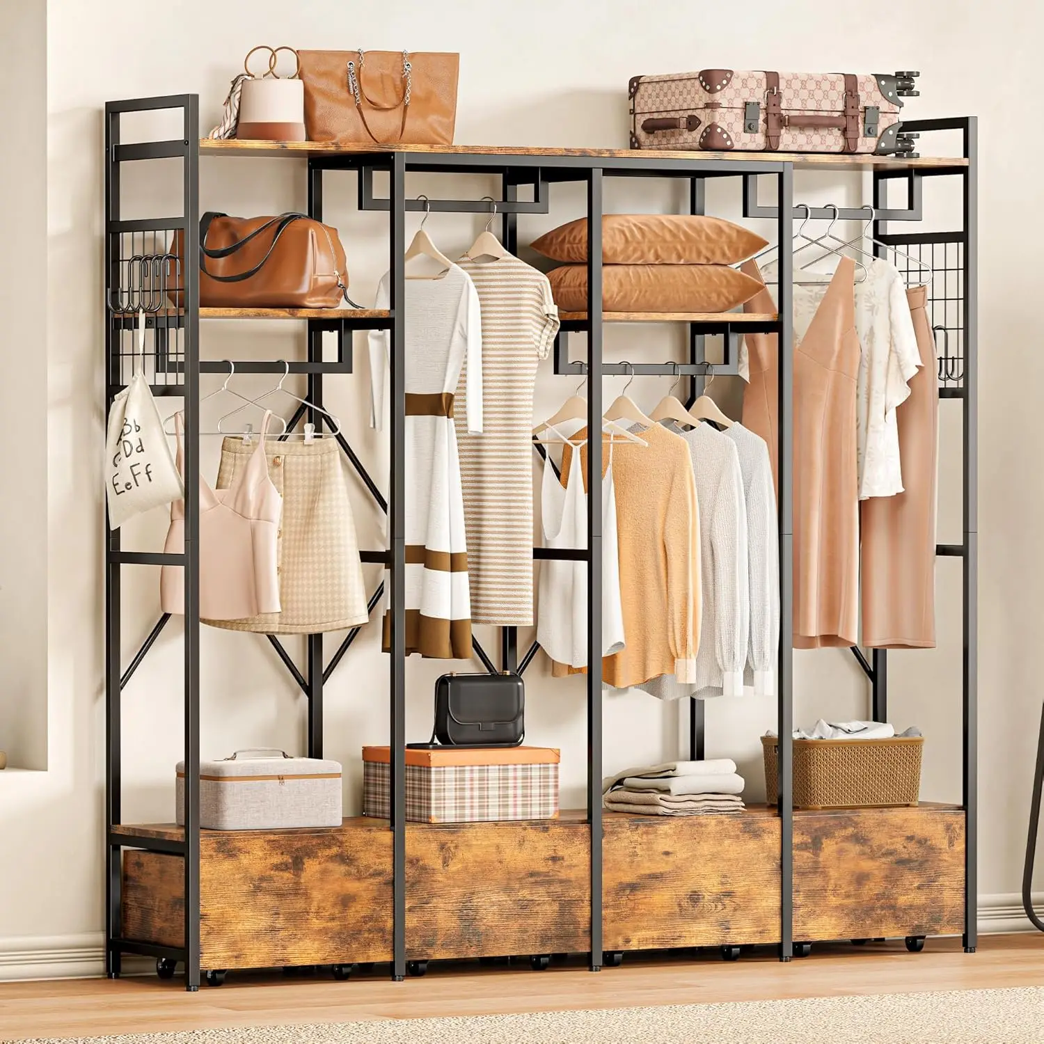 Ironck Garment Racks And Storage Shelves, Heavy Duty Clothes Rack With 4 Wooden Drawers And Hanging Rods, Freestanding Closet