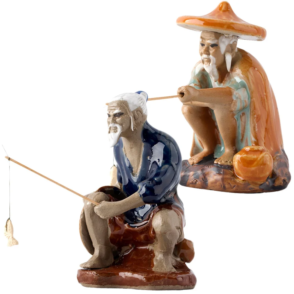 

2Pcs Ceramic Fisherman Ornament Old Fisherman Statue Desktop Bonsai Rockery Aquarium Decoration Fish Tank Adornment