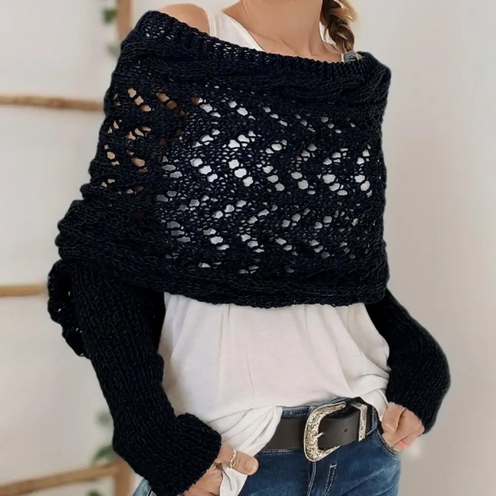 Shawl Scarf with Sleeves Bohemian Style Knitted Cable Wrap Scarf with Sleeves Soft Hollow Crochet Pattern Shawl Multifunctional