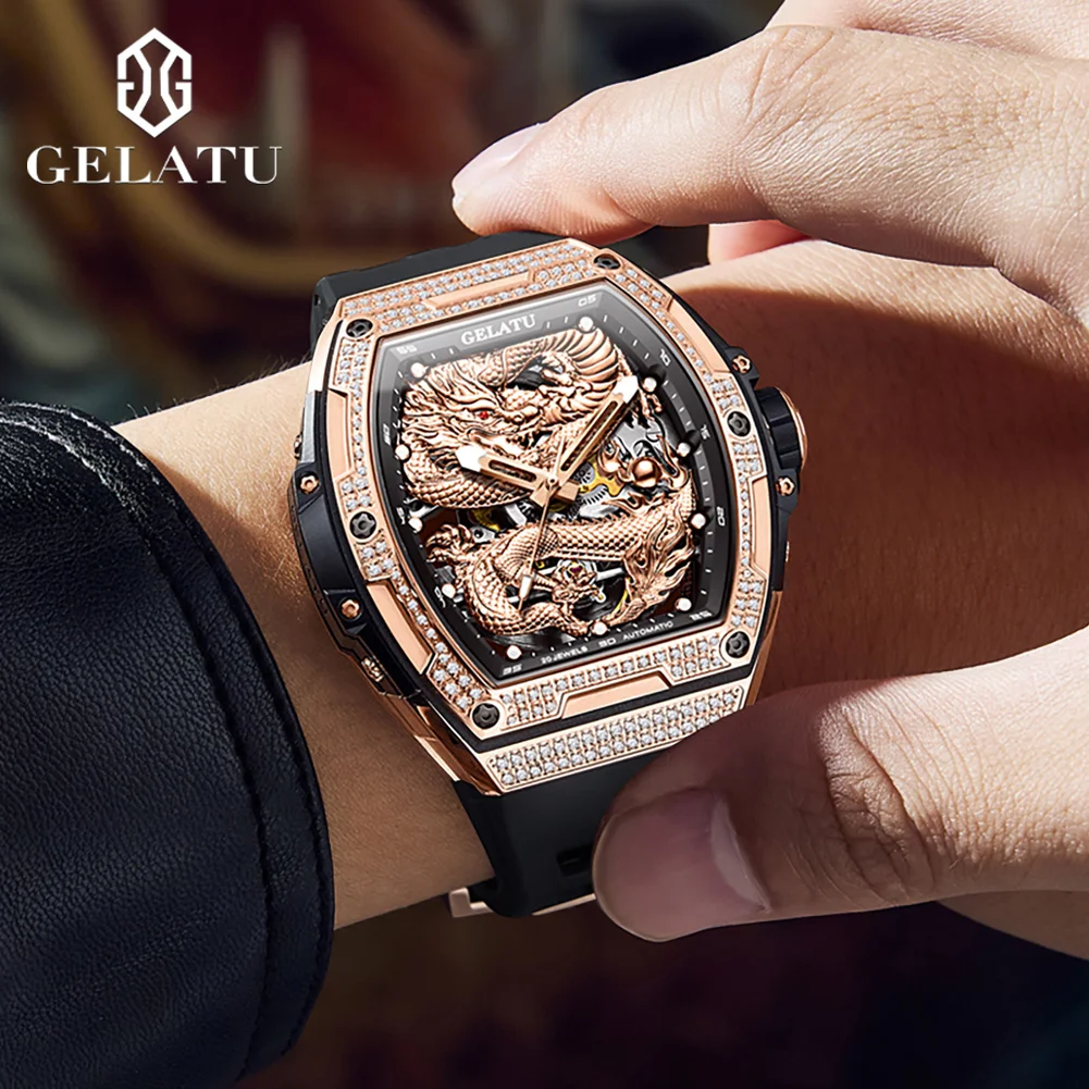 GELATU 6021 Golden Dragon Hollow Men Watch Automatic Mechanical Watch Waterproof Silicone Luxury Diamond Men Watch Reloj Hombre