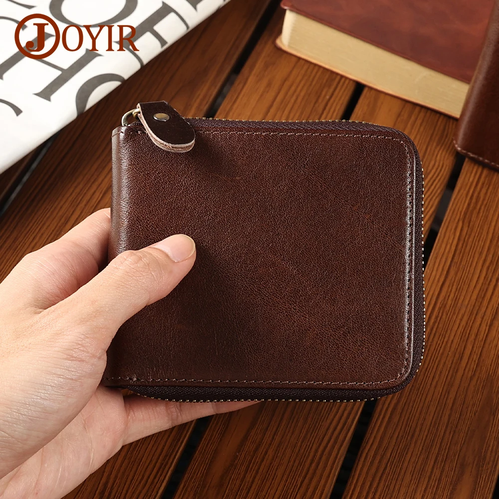 

JOYIR Men Genuine Leather Short Wallet RFID Blocking Money Coin Purse Casual Credit Card Holder Retro Zipper Purses