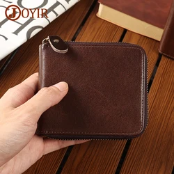JOYIR Men Genuine Leather Short Wallet RFID Blocking Money Coin Purse Casual Credit Card Holder Retro Zipper Purses
