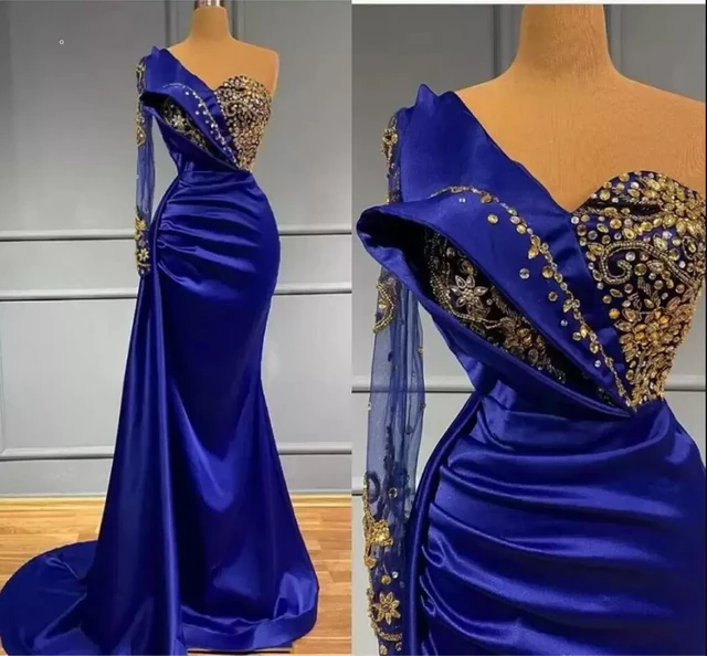 Royal Blue Evening Dresses With Gold Beads Crystals Vintage One Shoulder Long Sleeve Pleats Satin Long Prom Gowns Arabic Vestido AliExpress