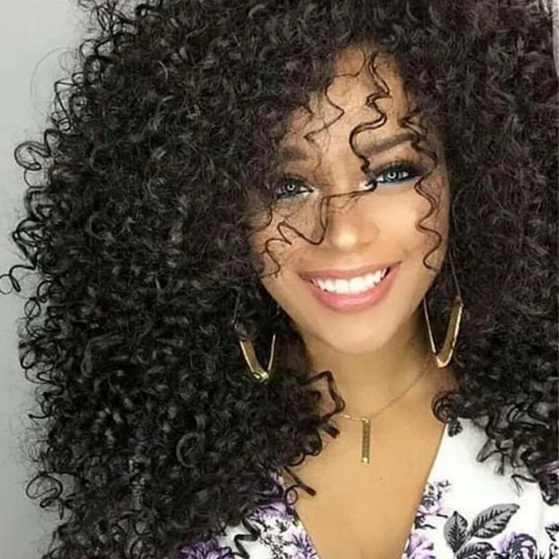 女性用ウィッグ アフリカ系ショートカーリーふわふわでボリュームのあるミディアムレングスカーリーブラックふわふわ小さなカーリーウィッグ女性用