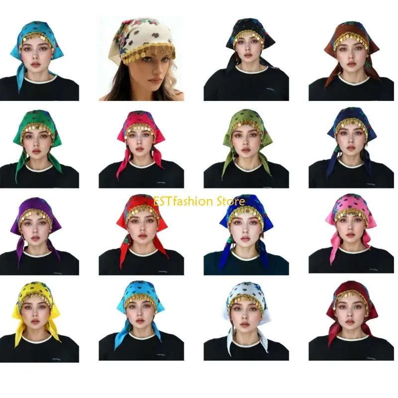 

Y5GC Ethnic Triangular Headscarf with Gold Tassels Turban Headwrap Hat for Women Travel