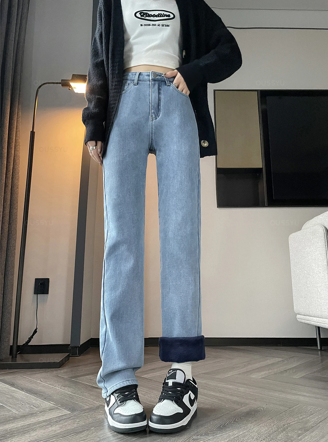 Winter Jeans Women Fleece Warm Denim Trousers High Waist Straight Casual Female Denim Pants Thick Velvet Cotton Woman Jeans