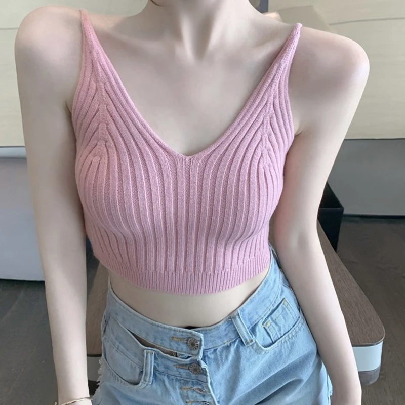 Womens Basic Sleeveless V Neck Crop Top Solid Color Ribbed Knitted Bodycon Slim Camisole Summer Sling Vest Streetwear