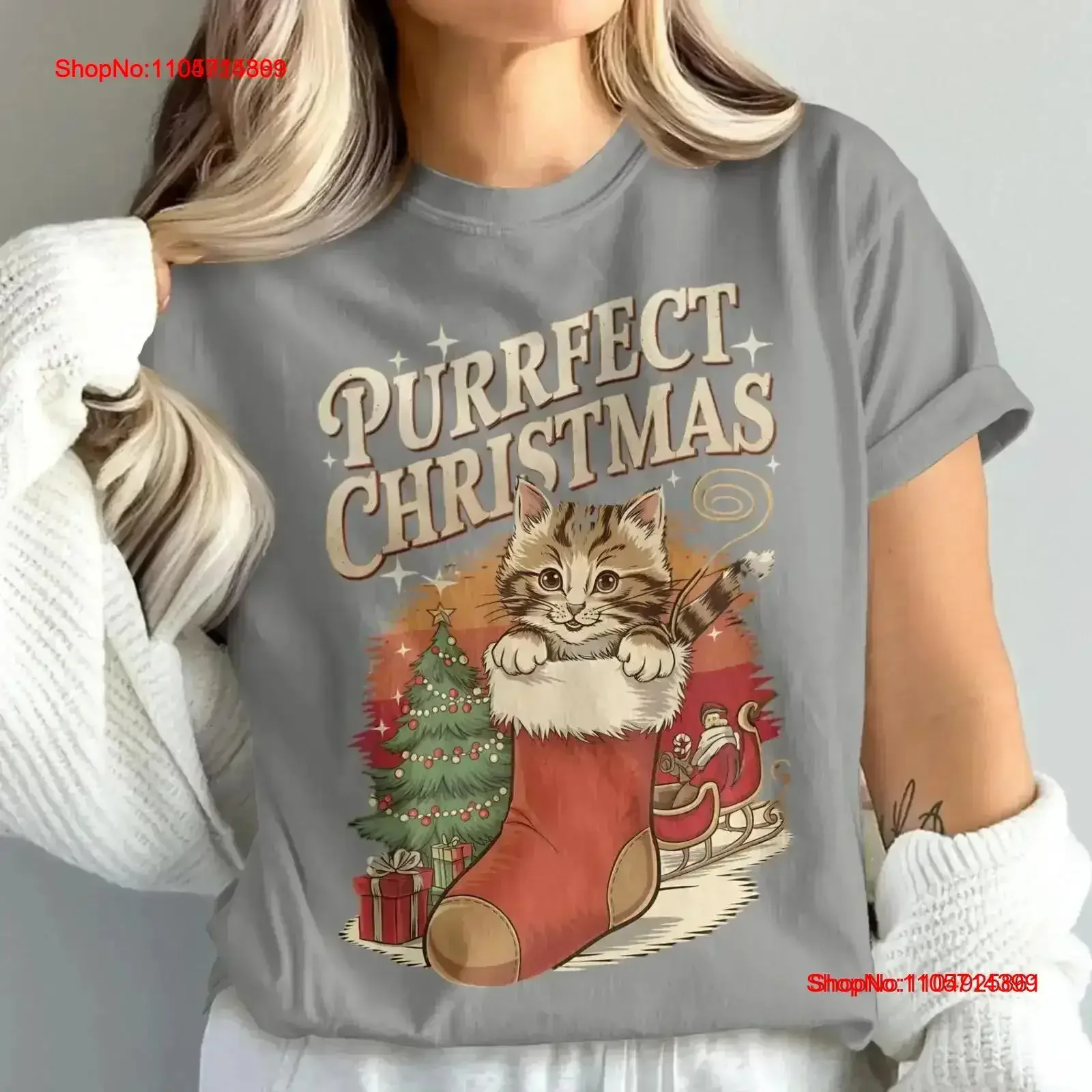 Purrfect Christmas Cat in Stocking T Shirt Cute Holiday Kitten Festive Lover's vintage Washed Soft fashion Casual vintage