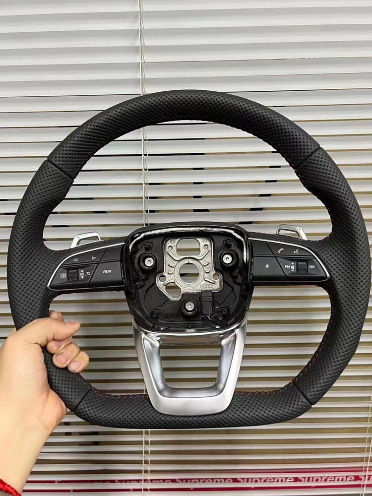 Leather flat-bottom steering wheel sports For Audi Q5 Q7 Q8 SQ7 SQ8 2017-2024 full perforated semi perforated steering wheel