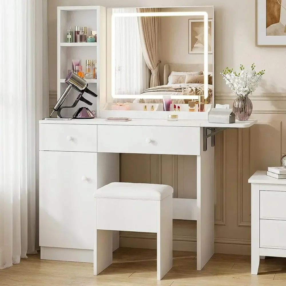 

LED Lighted Mirror Vanity Desk with Power Outlet, Storage Drawers, Cabinet & Chair, White Makeup Table Set for Bedroom