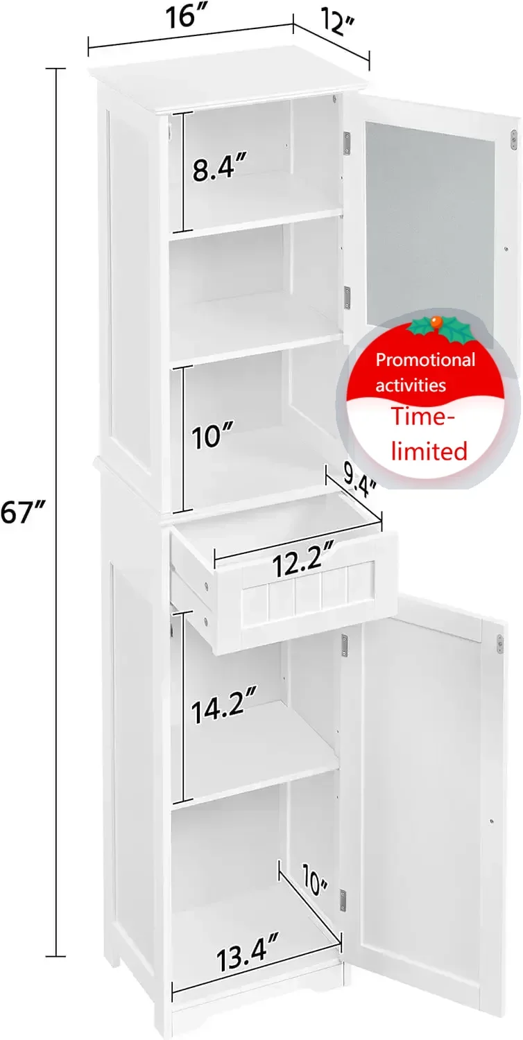 

BestsellerTall Bathroom Storage Cabinet 67″, Wooden Floor Cabinet with Glass Door, Freestanding Storage Organizer with Adjustabl