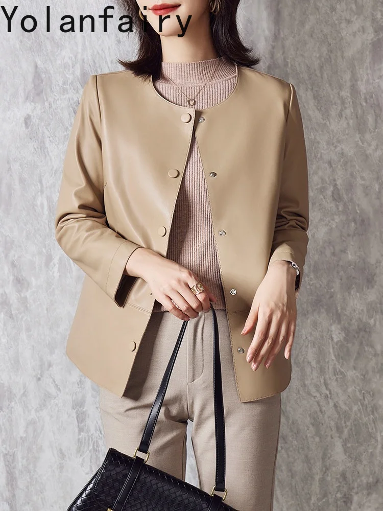 YOLANFAIRY Top Quality 100% Real Sheepskin Coat Woman Elegant Round-neck Genuine Leather Jacket Women Loose lederjacke damen