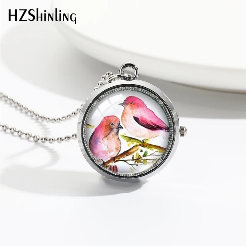 2023 New Cartoon Birds Rotate Pocket Watch Round Glass Cabochon Handcraft Necklace Pendants for Women Men