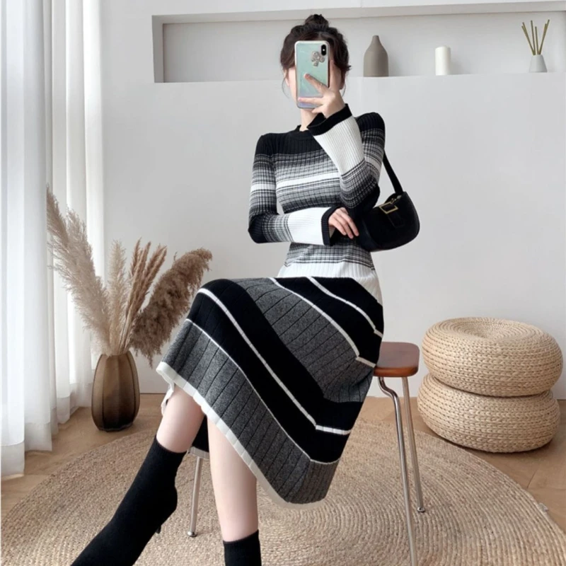 햅번 스타일 여성 니트 드레스 가을 겨울 한국 멋진 우아한 고품질 편안한 스트라이프 크로 셰 뜨개질 드레스 여성을위한
