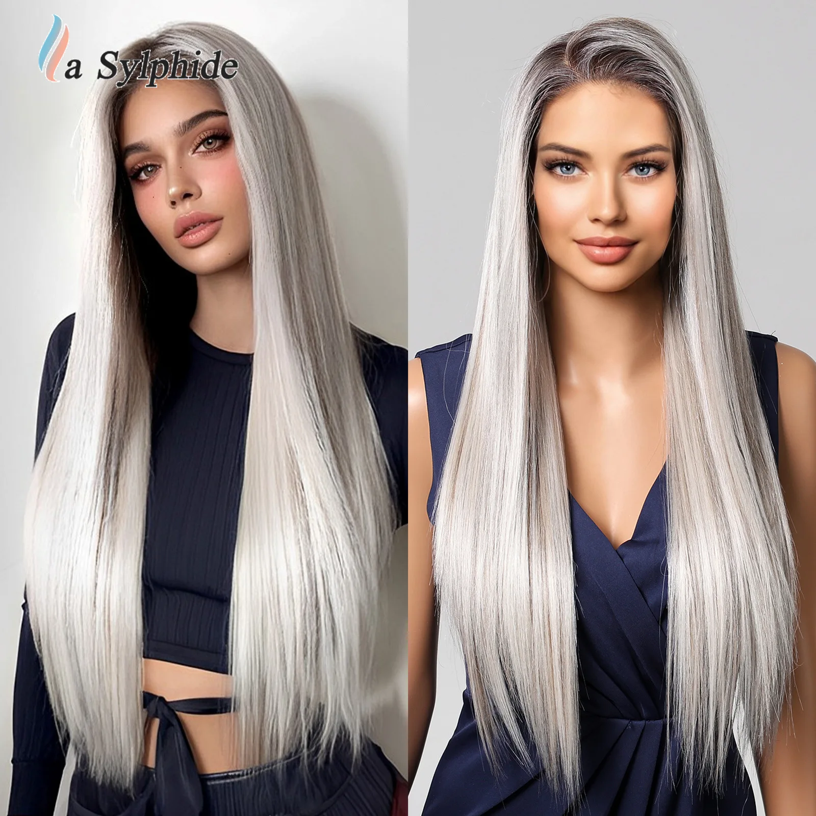 

Wigs Women's wig female silver gray headgear 13 * 6 lace free seam Kanikaren long straight hair wig with bangs synthetic wig