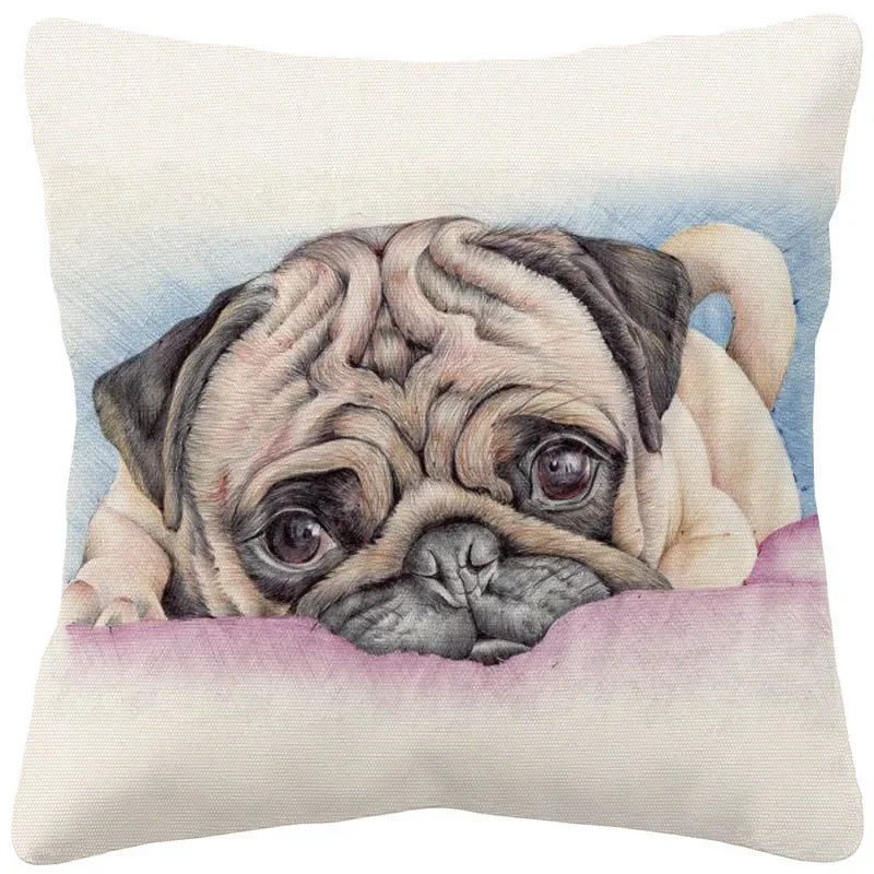 Pug Dog Tiger Animal Hand Painting Cushion Cover Beige Linen Throw Pillowcase Decorative Pillows For Sofa