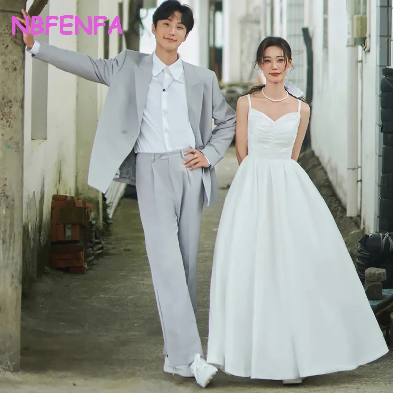 White Satin Light Wedding Dresses Korea Simple Sling Tutu Dress Photo Shoot High Waist V-Neck Backless Evening Dress Formal Gown