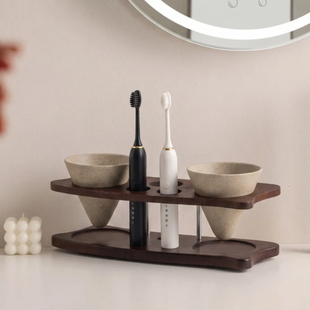 Double Mug Coarse Pottery Mug Bathroom Supplies Toothbrush Holder Wooden Storage Rack Drain Cup Toothpaste Storage Rack
