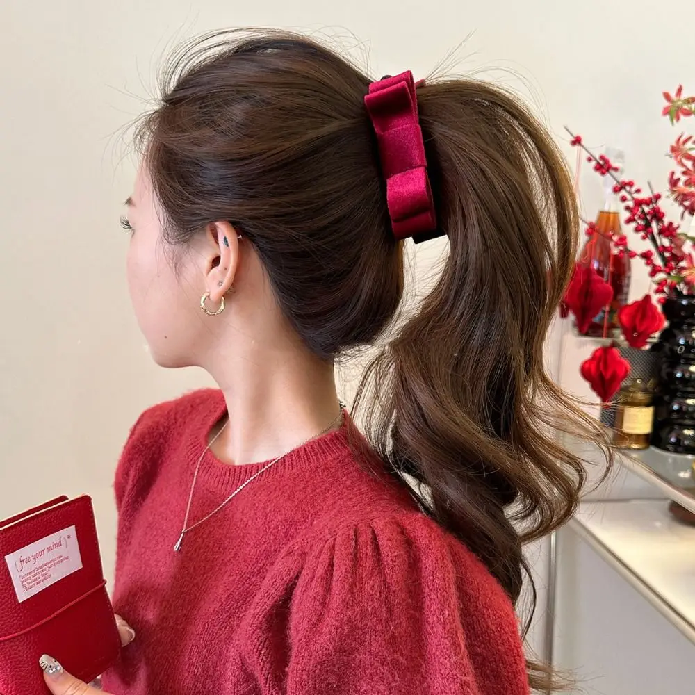

Cloth Red Velvet Bow Hair Clip Hair Clips Vintage Bowknot Banana Clip Korean Style Black Bow Vertical Clip Autumn and Winter