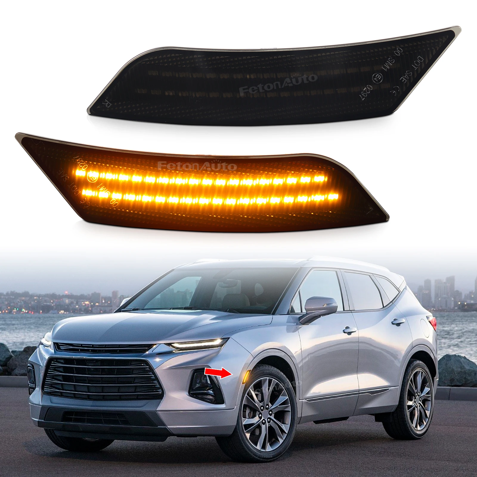 2pcs  For 2019-up Chevy Blazer Amber LED Front Bumper Side Marker Repeater Indicator Light