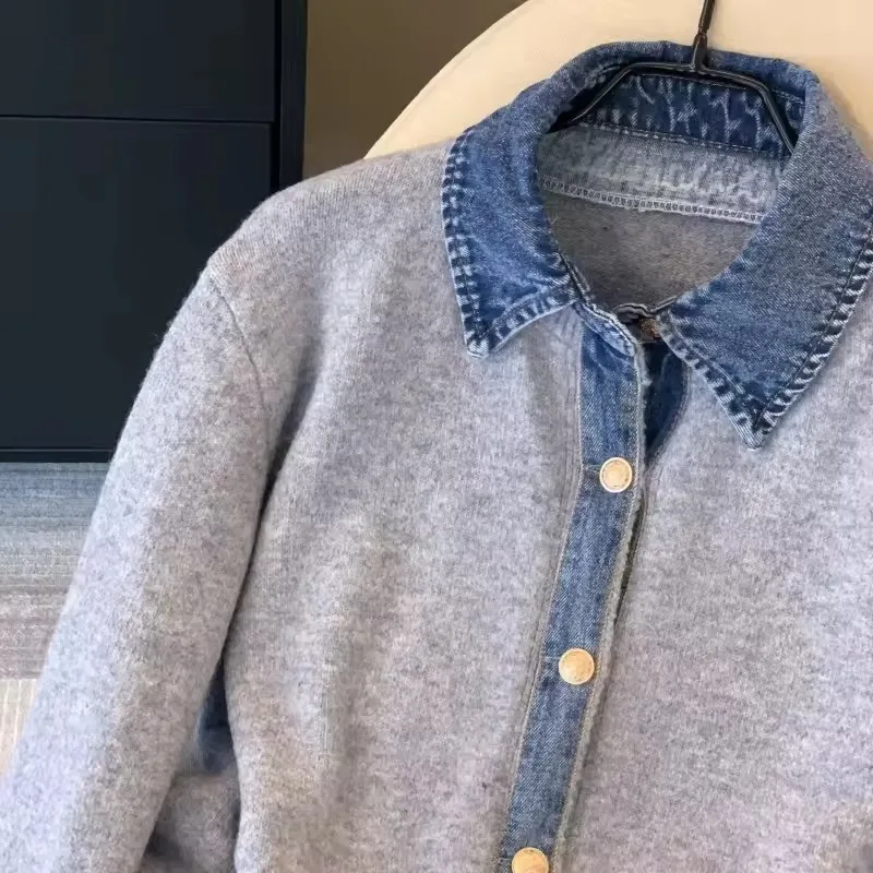 Coreano emenda denim camisa gola topos costura falso camisola de duas peças feminino outono cardigan versátil outwear feminino