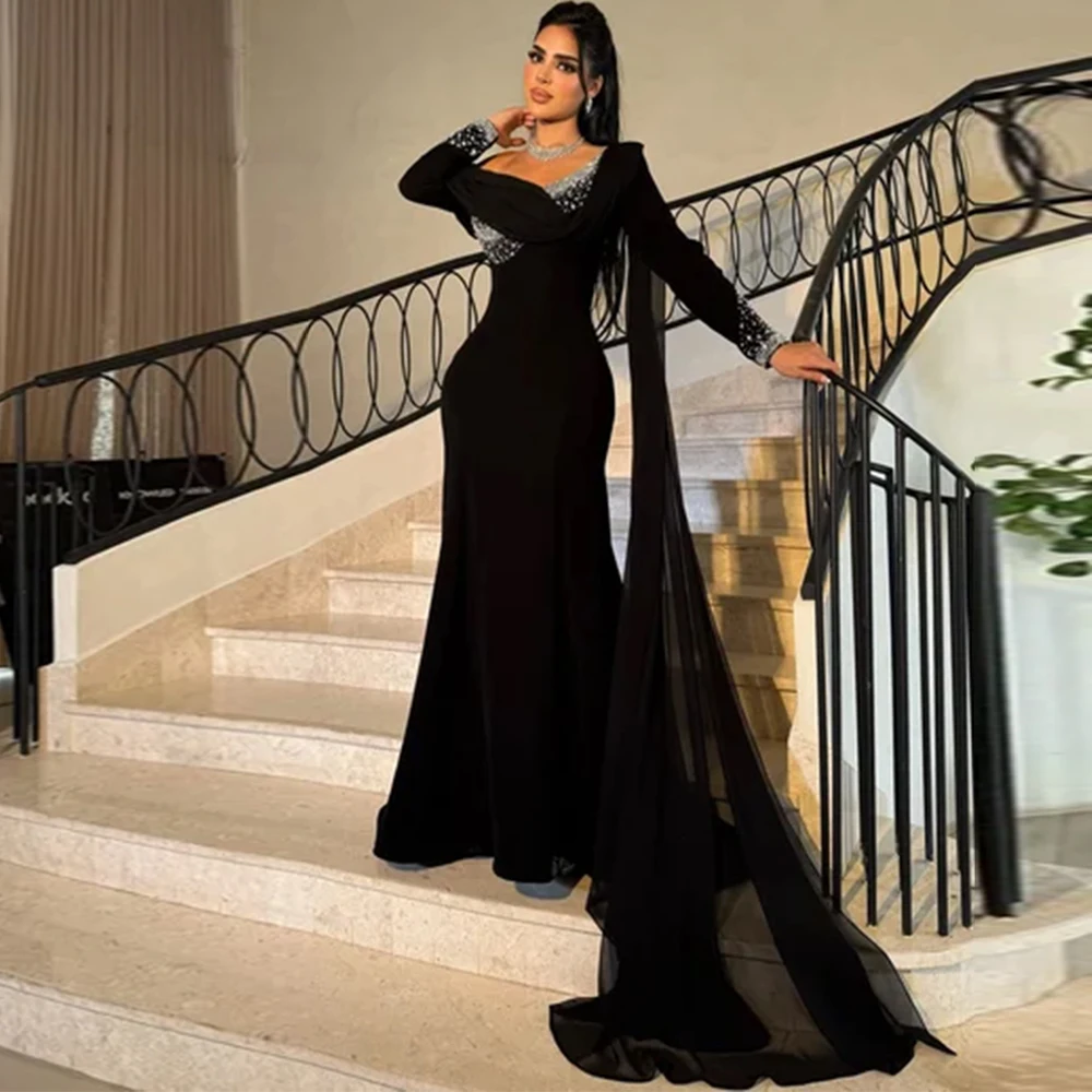

Black Mermaid Evening Dresses Exquisite Crystal Long Sleeves Homecoming Dresses Modern Lace Up Back Customized Party Gowns