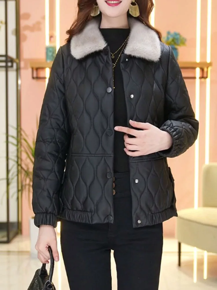 

2024 Autumn Winter No Wash Leather Cotton-padded Jacket Women Short Coat Thicken Soft PU Parkas Female Oversize 5xl Loose Coats