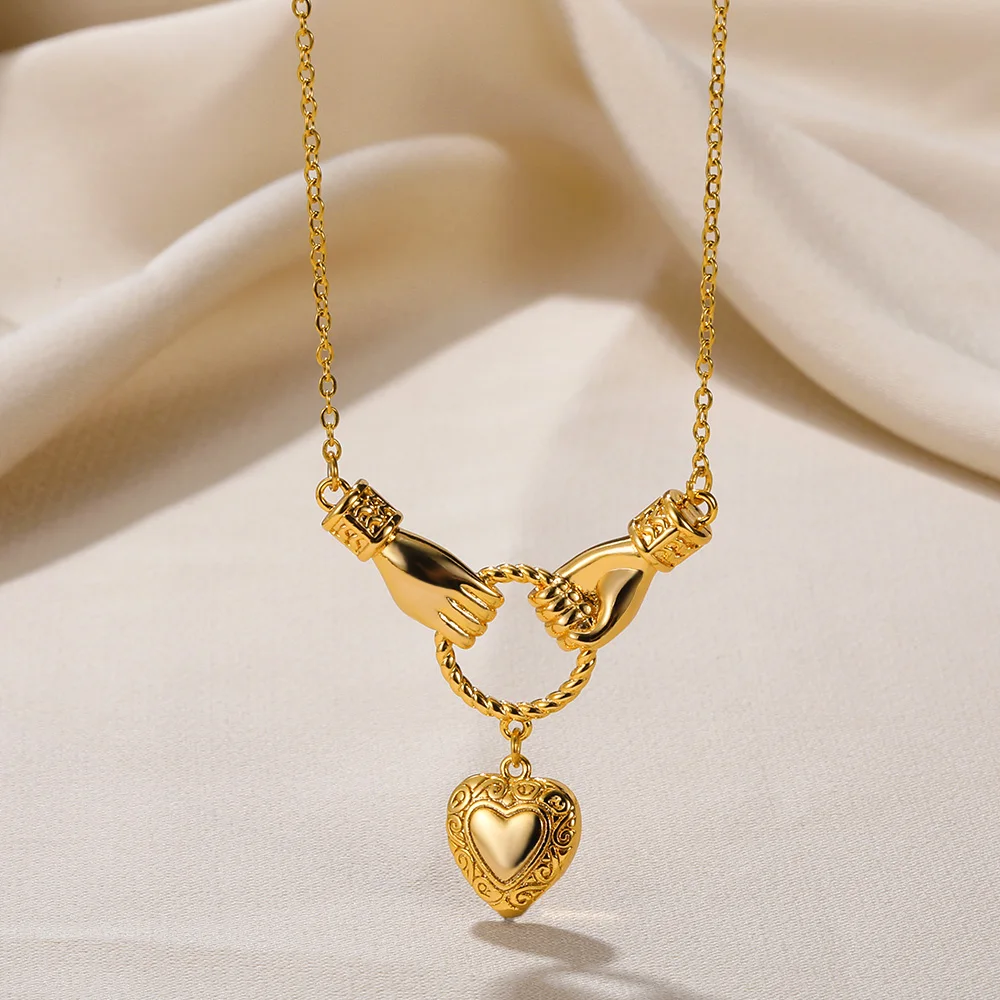 Stainless Steel Heart and Hand Pendant Necklace for Women Minimalist Gold Plated Statement Couple Jewelry Freeshipping Item 2026