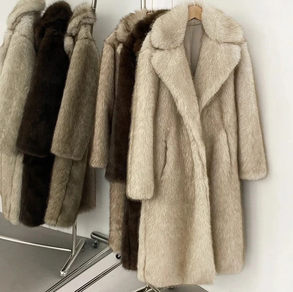

Women Long Faux Fur Coat Winter Wool Blend Tailored Collar Jacket Thick Warm Elegant Overcoat High Quality Non Mink Outerwear