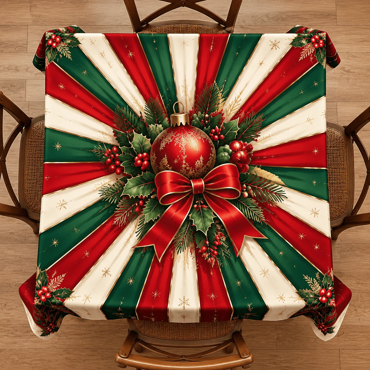 1 square tablecloth, Christmas red green gold radiation striped polyester tablecloth